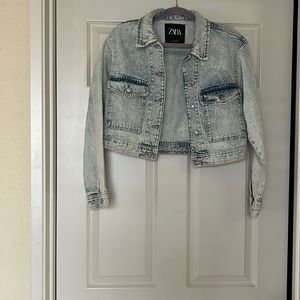 Zara Women's Acid Wash Cropped Denim Jacket - Light Blue